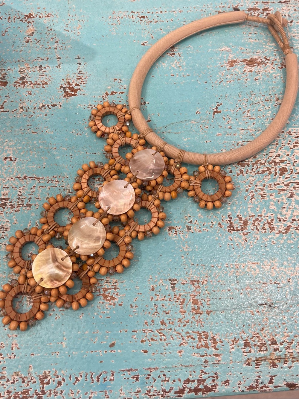 Handmade Beaded Shell Statement Necklace - Natural Beige !